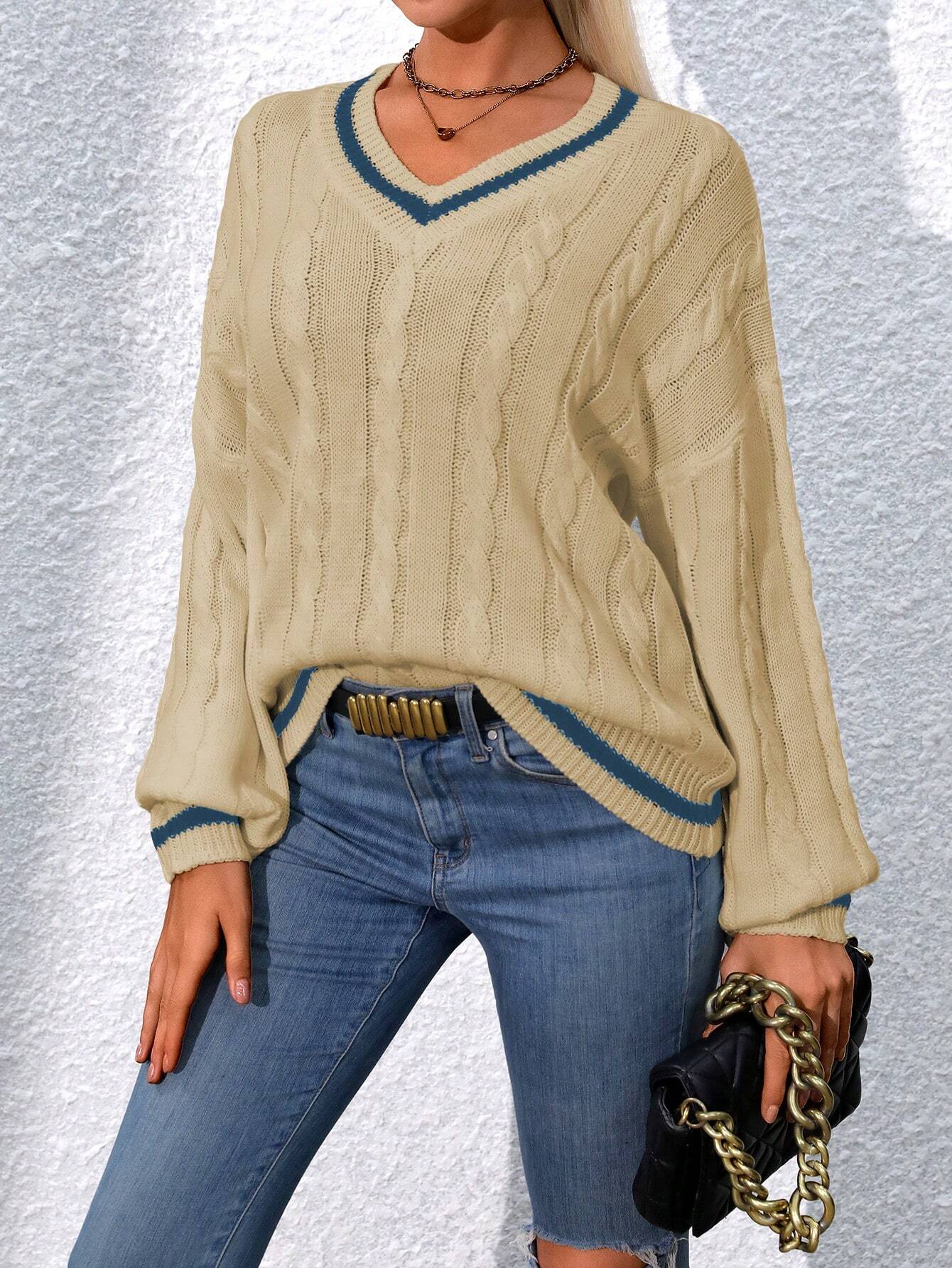 Relaxiva Striped Trim Cable Knit Drop Shoulder Sweater shein