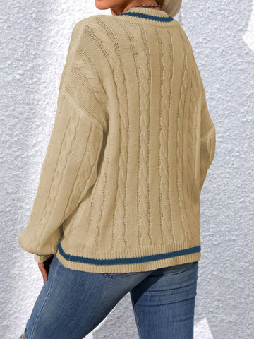 Relaxiva Striped Trim Cable Knit Drop Shoulder Sweater