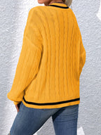 Relaxiva Striped Trim Cable Knit Drop Shoulder Sweater shein