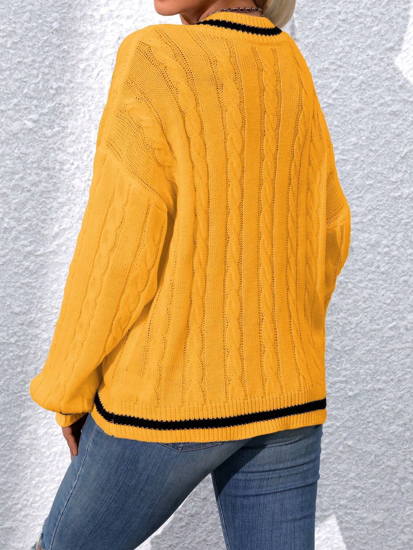 Relaxiva Striped Trim Cable Knit Drop Shoulder Sweater shein