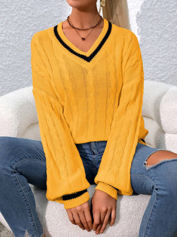 Relaxiva Striped Trim Cable Knit Drop Shoulder Sweater