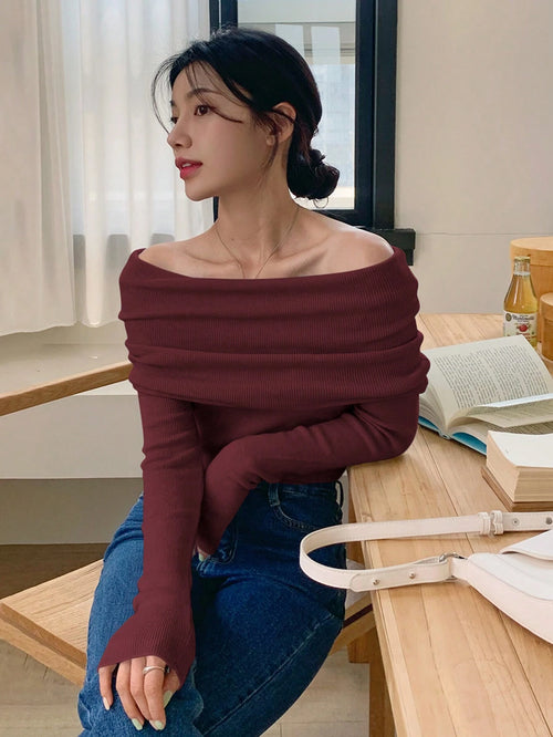 DAZY 1pc Women Off Shoulder Solid Fitted Mock Neck Sweater shein