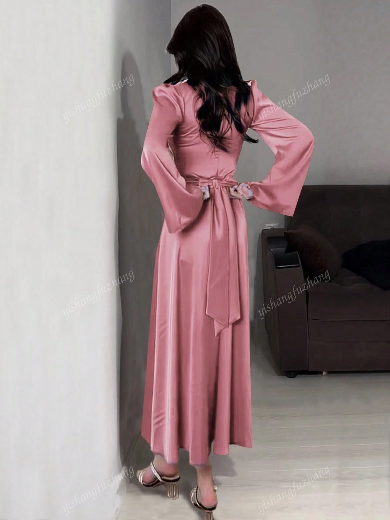 Women Solid Color Round Neck Belted Flare Sleeve Satin Elegant Dress shein