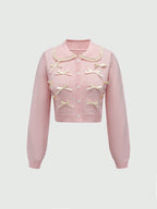 ROMWE Kawaii Women's Grayish Preppy Style Peter Pan Collar Lace Trim Bow Knitted Cardigan shein