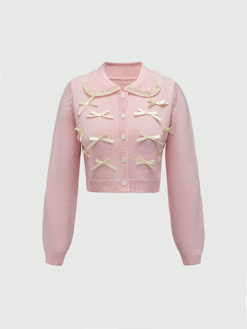 ROMWE Kawaii Women's Grayish Preppy Style Peter Pan Collar Lace Trim Bow Knitted Cardigan shein