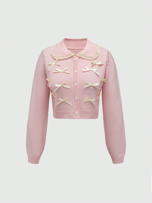 ROMWE Kawaii Women's Grayish Preppy Style Peter Pan Collar Lace Trim Bow Knitted Cardigan