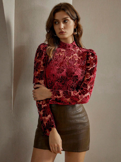 Anewsta 2pcs Sexy Wine Red Laser Cut Crop Top, For Party shein