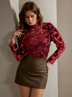 Anewsta 2pcs Sexy Wine Red Laser Cut Crop Top, For Party shein