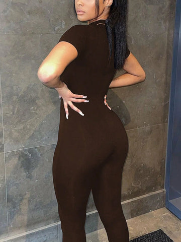 Women Casual Simple Bodycon Short Sleeves Streetwear Sport Jumpsuit