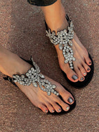 Women Rhinestone Decor Ankle Strap Thong Sandals shein