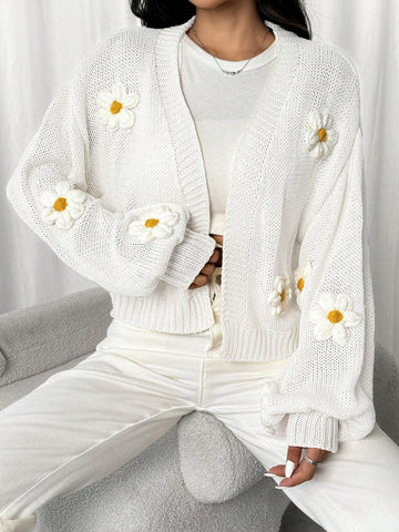 EZwear Long Sleeve Floral Decor Minimalist Cardigan