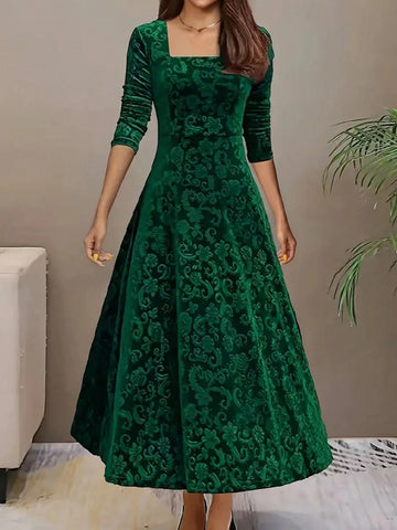 Floral Print Square Neck Velvet Long Sleeve Dress