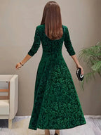 Floral Print Square Neck Velvet Long Sleeve Dress shein