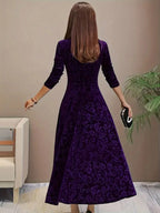 Floral Print Square Neck Velvet Long Sleeve Dress shein