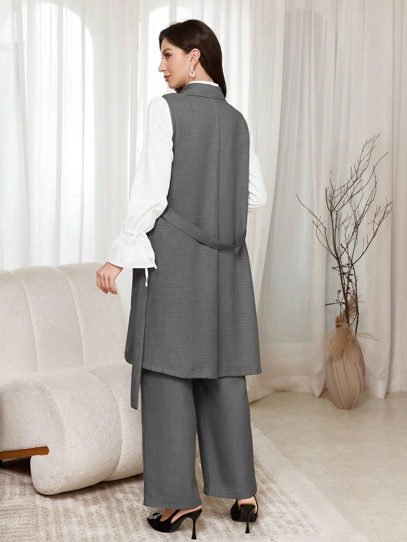 Mulvari 3pcs Women Solid Color Front Button Simple Long Sleeve Shirt, Tie Front Sleeveless Jacket And Long Pants shein