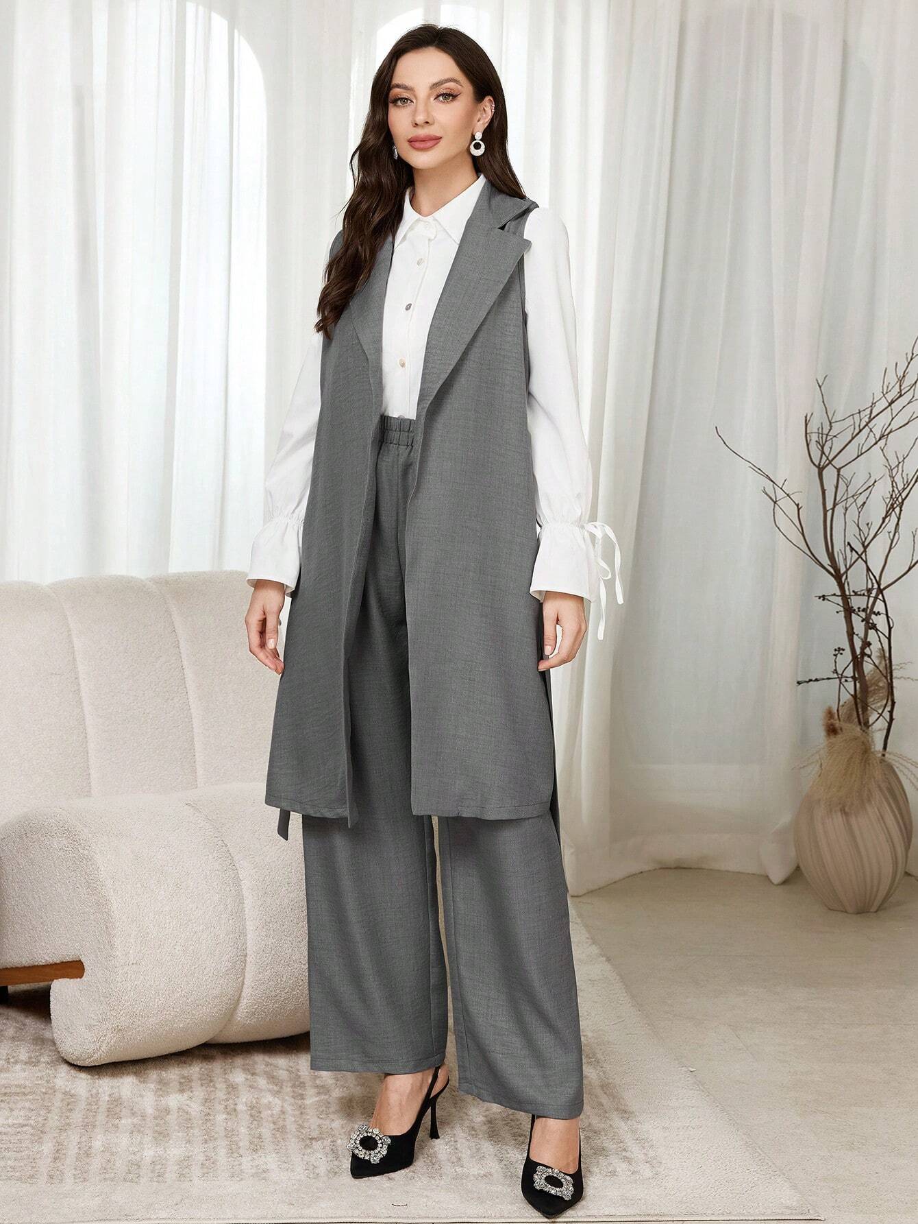 Mulvari 3pcs Women Solid Color Front Button Simple Long Sleeve Shirt, Tie Front Sleeveless Jacket And Long Pants shein