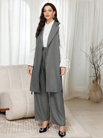 Mulvari 3pcs Women Solid Color Front Button Simple Long Sleeve Shirt, Tie Front Sleeveless Jacket And Long Pants