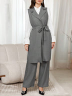 Mulvari 3pcs Women Solid Color Front Button Simple Long Sleeve Shirt, Tie Front Sleeveless Jacket And Long Pants shein