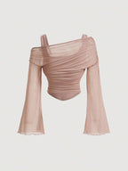 MOD Apricot Off-Shoulder Mesh 2in1 Trumpet Sleeve Long Sleeve Women's shein
