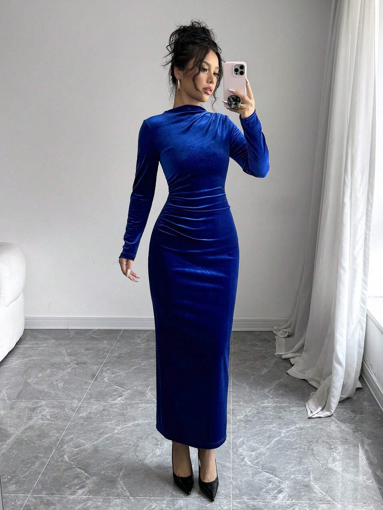Privé Women Elegant Velvet Asymmetric Ruffle Split Hem Dress shein
