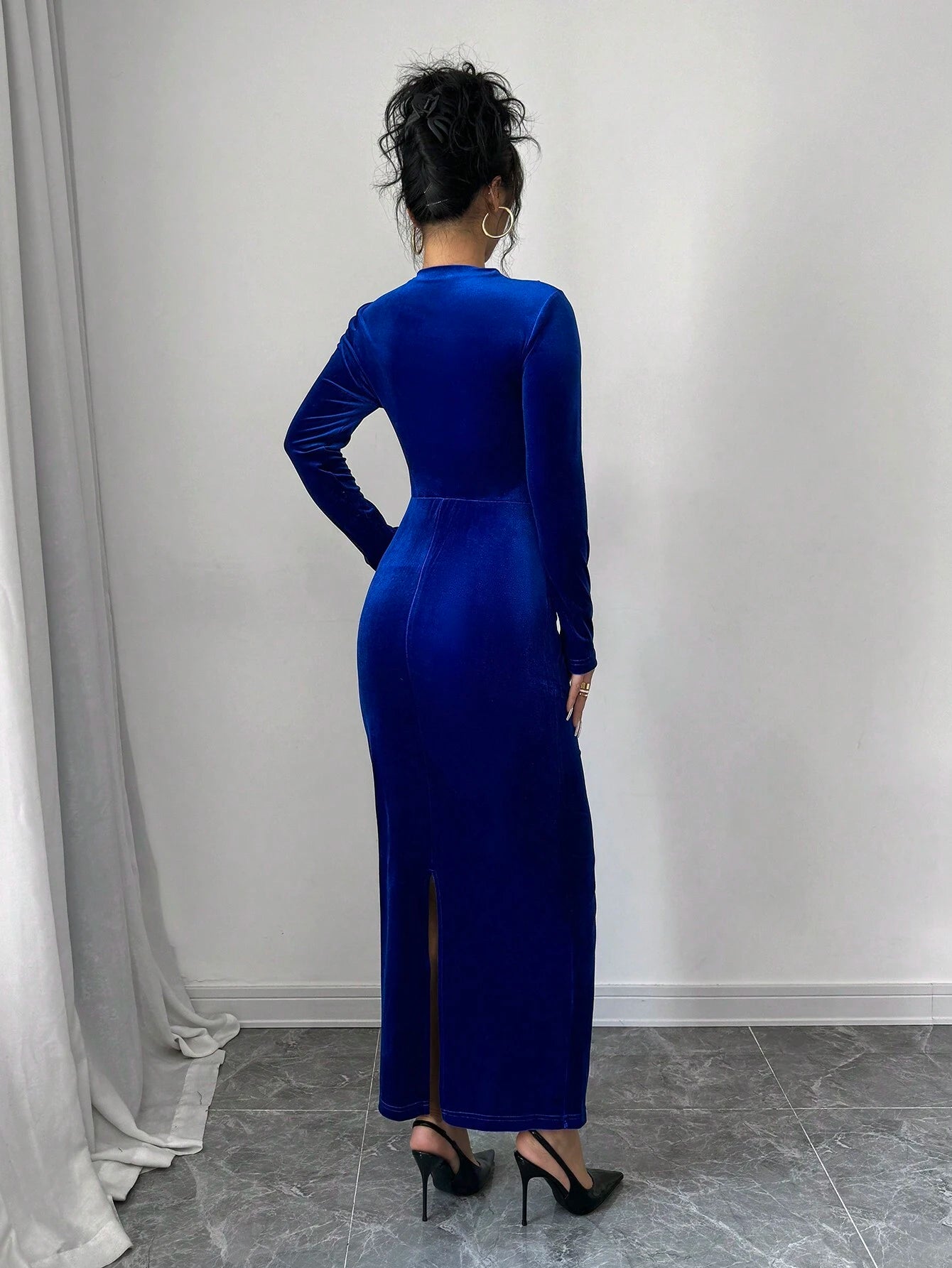 Privé Women Elegant Velvet Asymmetric Ruffle Split Hem Dress shein