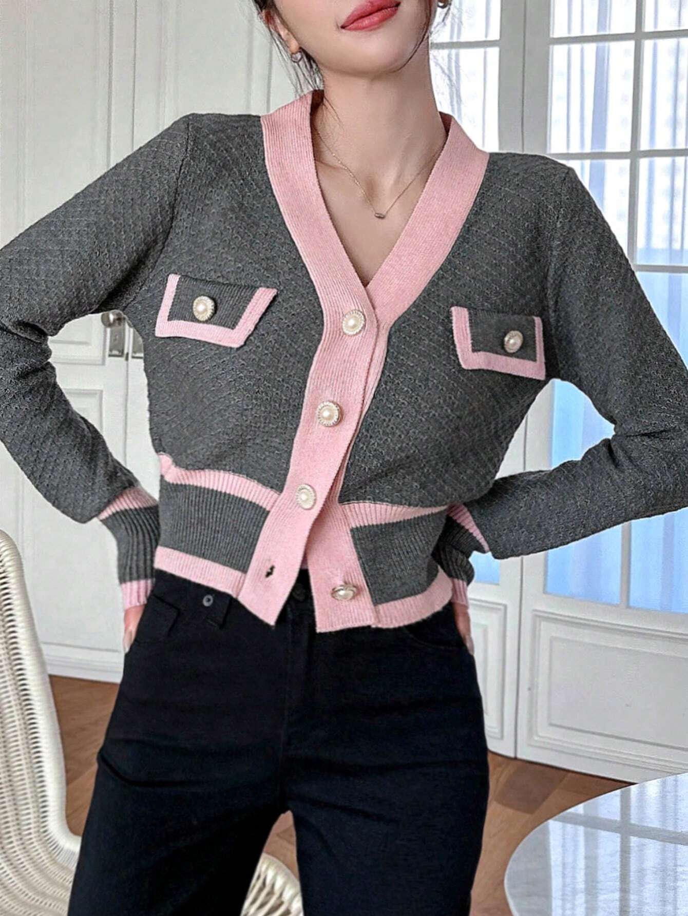 DAZY Colorblocked Cardigan With Open Front shein