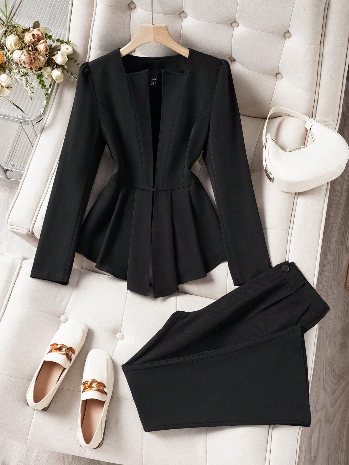 Privé 2pcs Set: Elegant Solid Color Blazer With Ruffle Hem & Flare Leg Pants shein