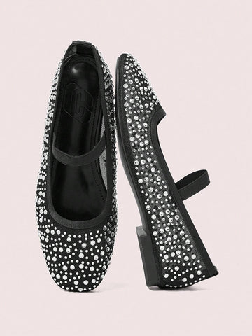CUCCOO DOLLMOD Fashionable Apricot Color Rhinestoned Mesh Mary Jane Flats