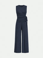 Unity Ladies' Solid Color Cross Wrap Tie Sleeveless Top And Long Pants Casual Two-Piece Set shein