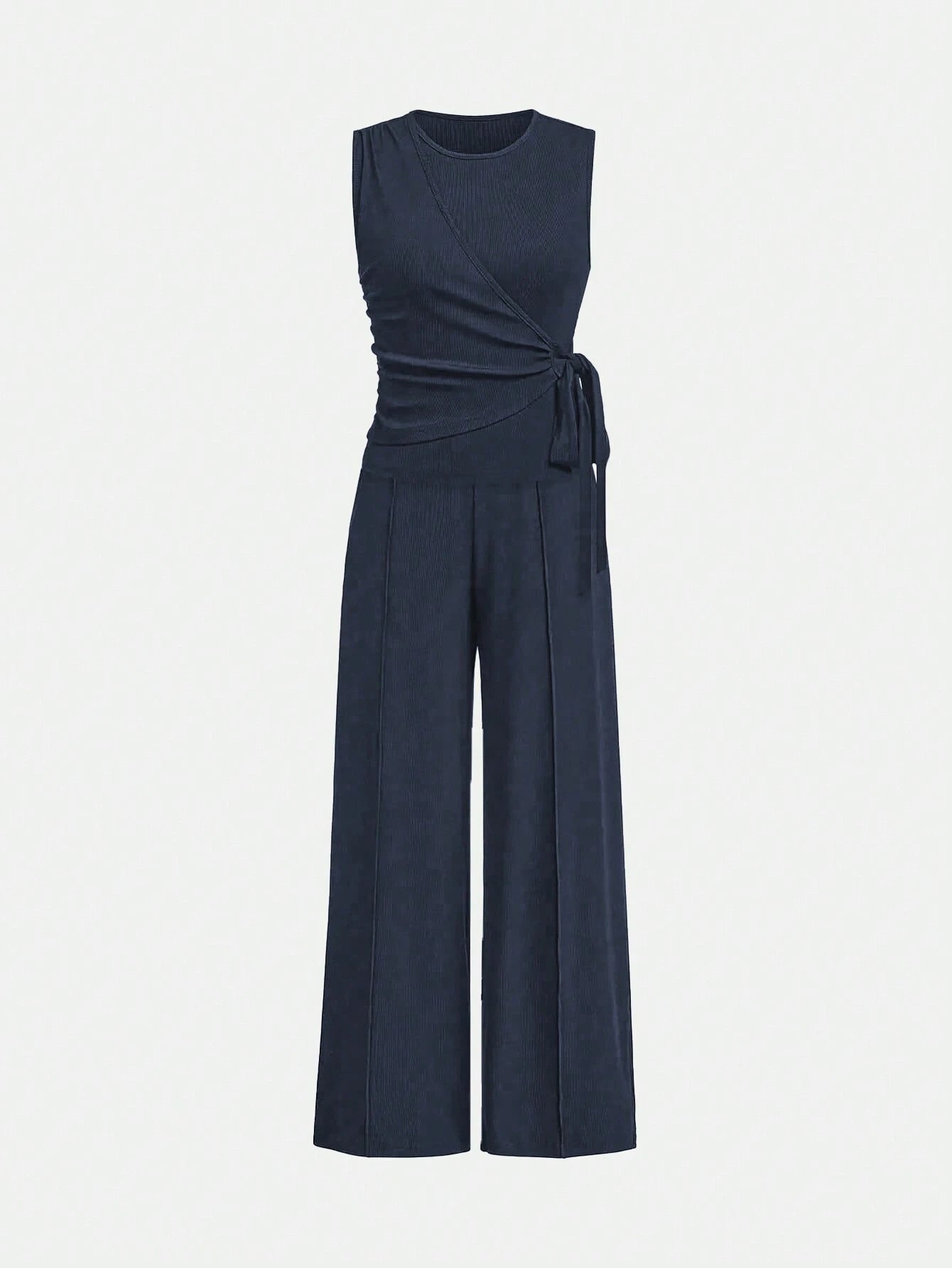 Unity Ladies' Solid Color Cross Wrap Tie Sleeveless Top And Long Pants Casual Two-Piece Set shein
