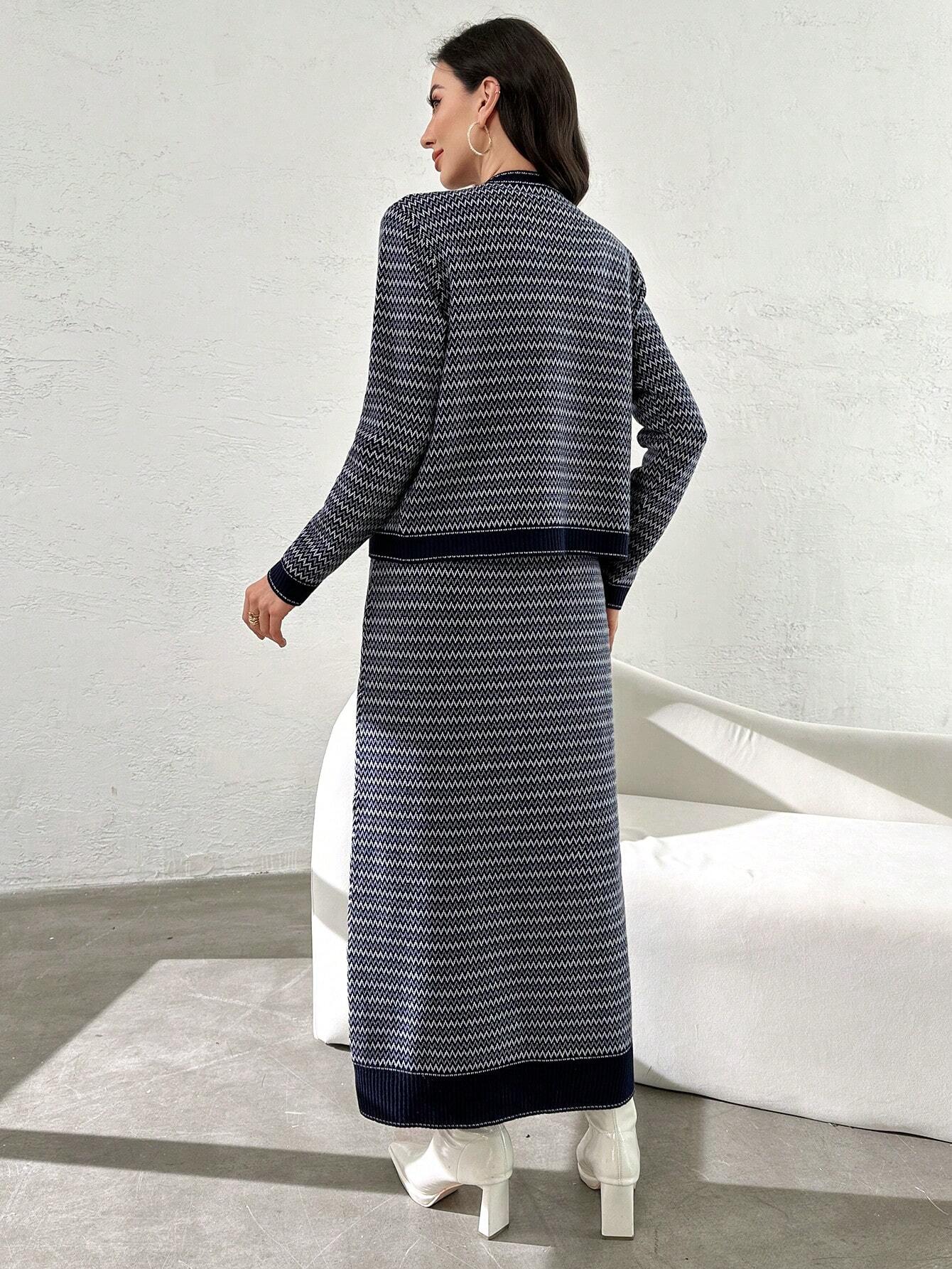 Modely Zigzag Pattern Knit Vest Sweater Dress With Cardigan Set shein