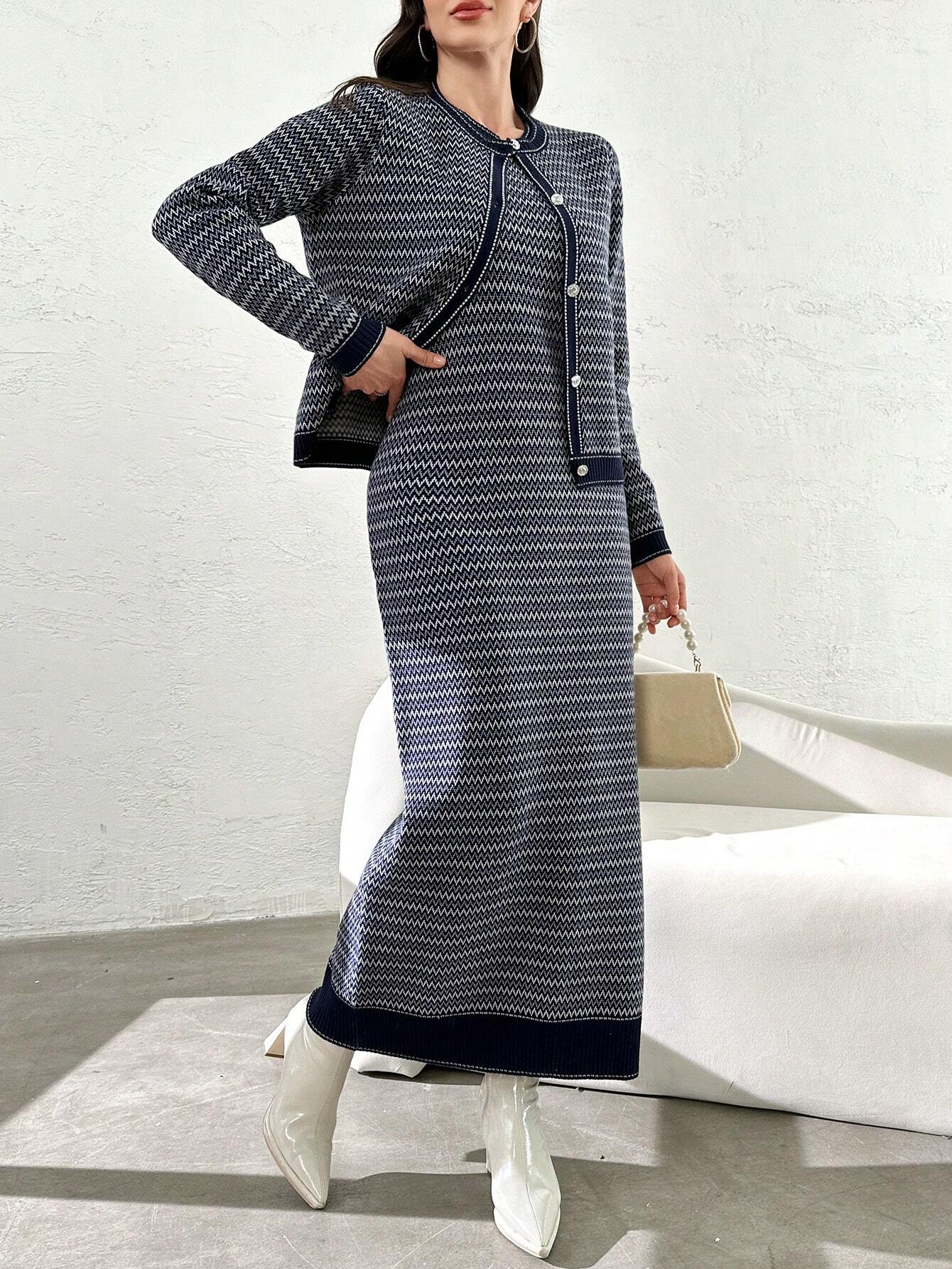 Modely Zigzag Pattern Knit Vest Sweater Dress With Cardigan Set shein