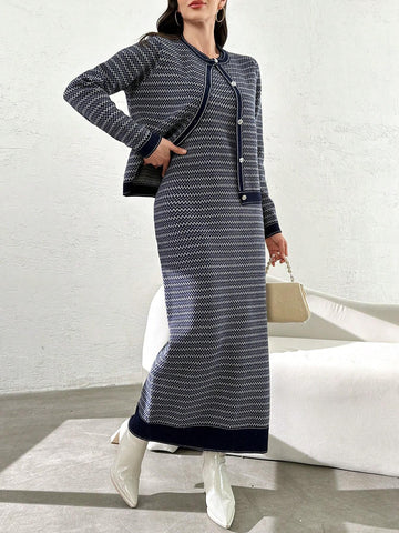 Modely Zigzag Pattern Knit Vest Sweater Dress With Cardigan Set