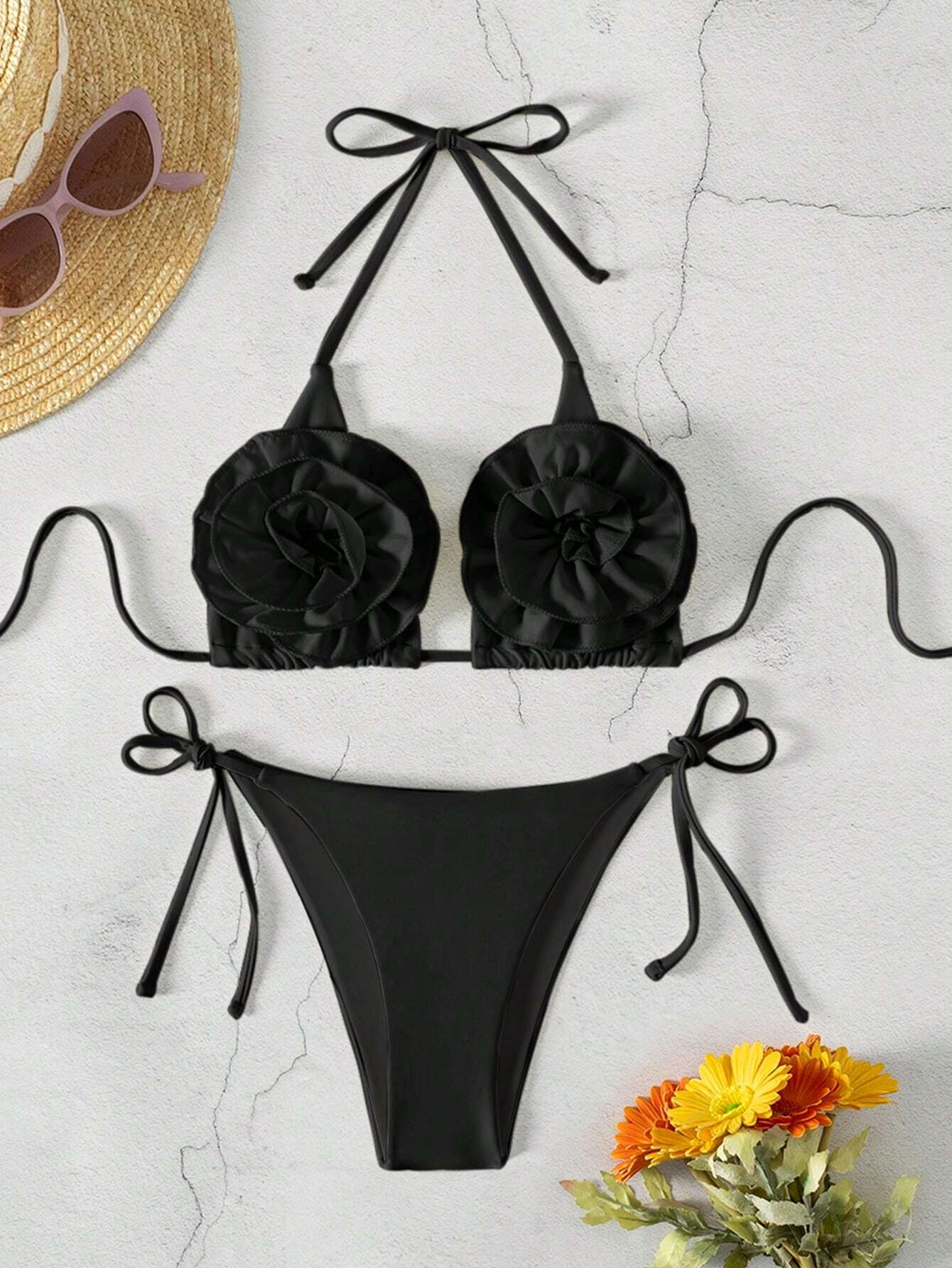 SXY Women's Halter Neck Tied Back Floral Print Bikini Set With Side Tie Bottoms shein