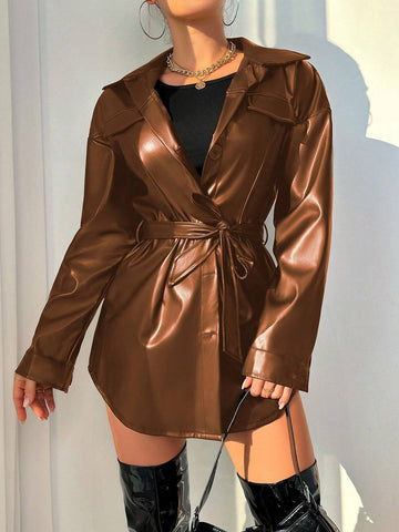 MOOSTA Flap Detail Belted PU Leather Coat shein