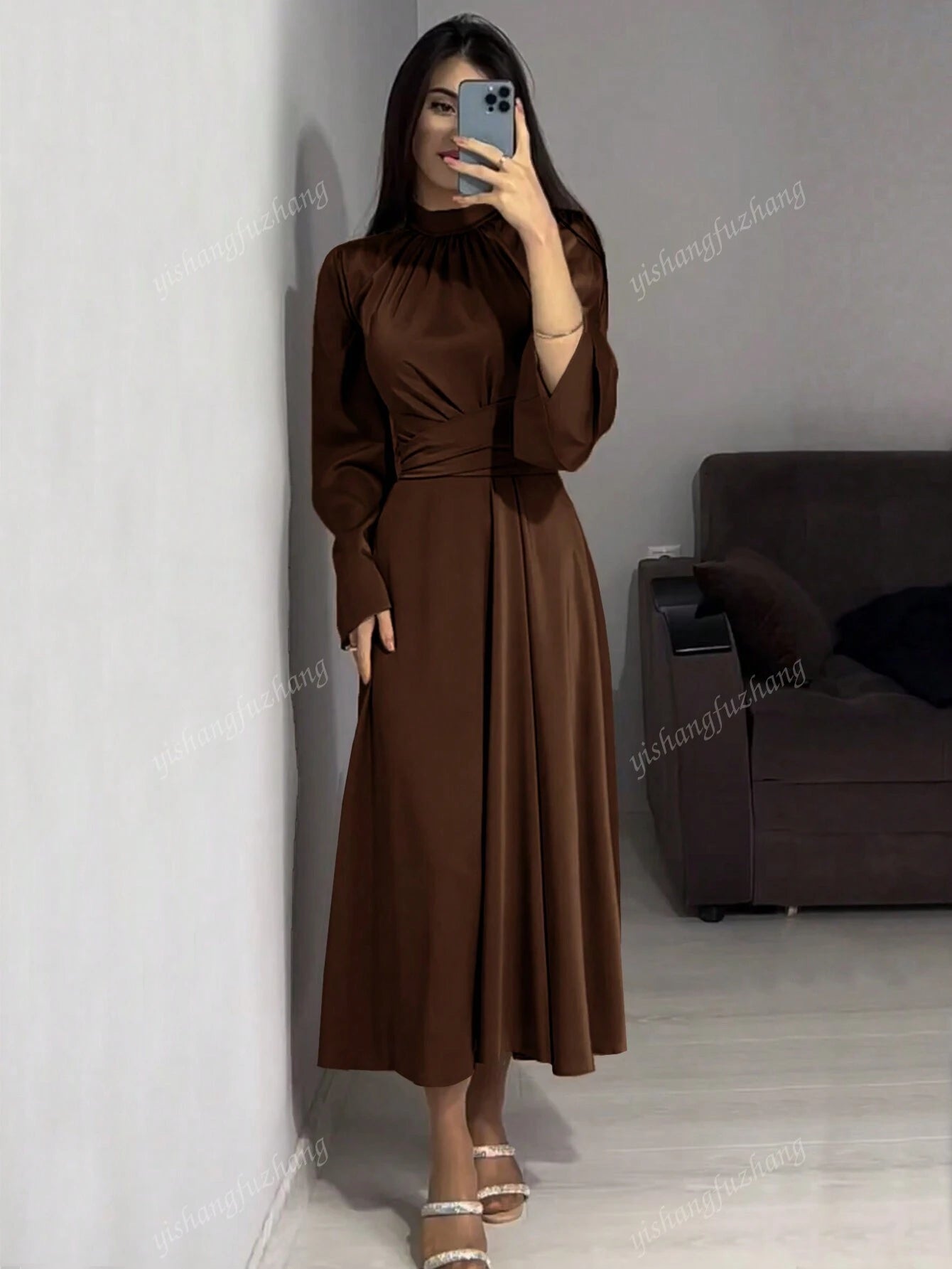 Women Solid Color Round Neck Belted Flare Sleeve Satin Elegant Dress shein