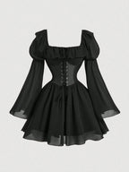 MOD Black Chiffon Patchwork PU Waist Vintage Flare Sleeve A-Line Dress shein
