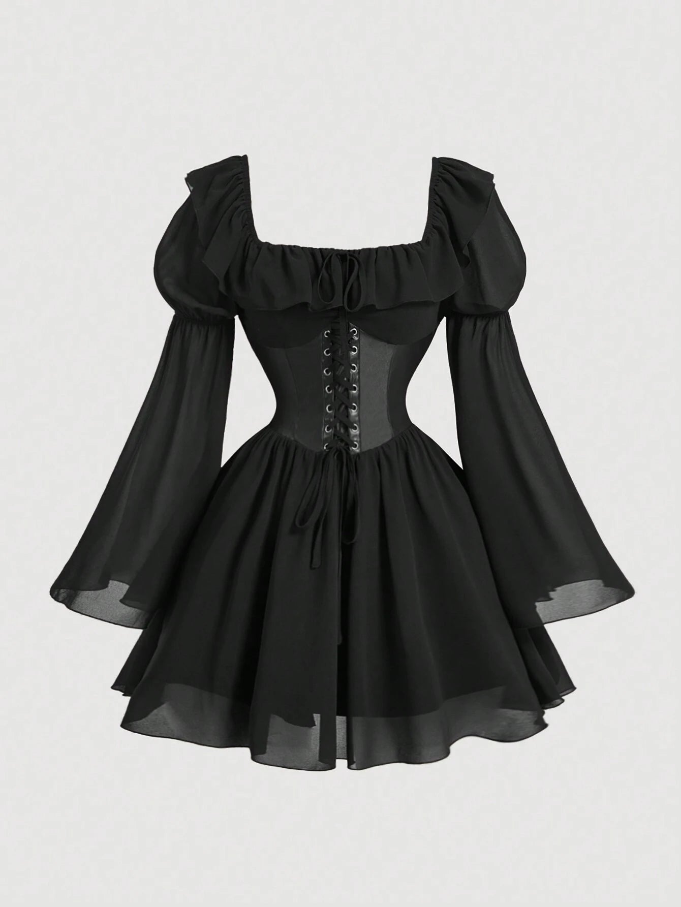 MOD Black Chiffon Patchwork PU Waist Vintage Flare Sleeve A-Line Dress shein