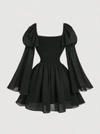 MOD Black Chiffon Patchwork PU Waist Vintage Flare Sleeve A-Line Dress shein