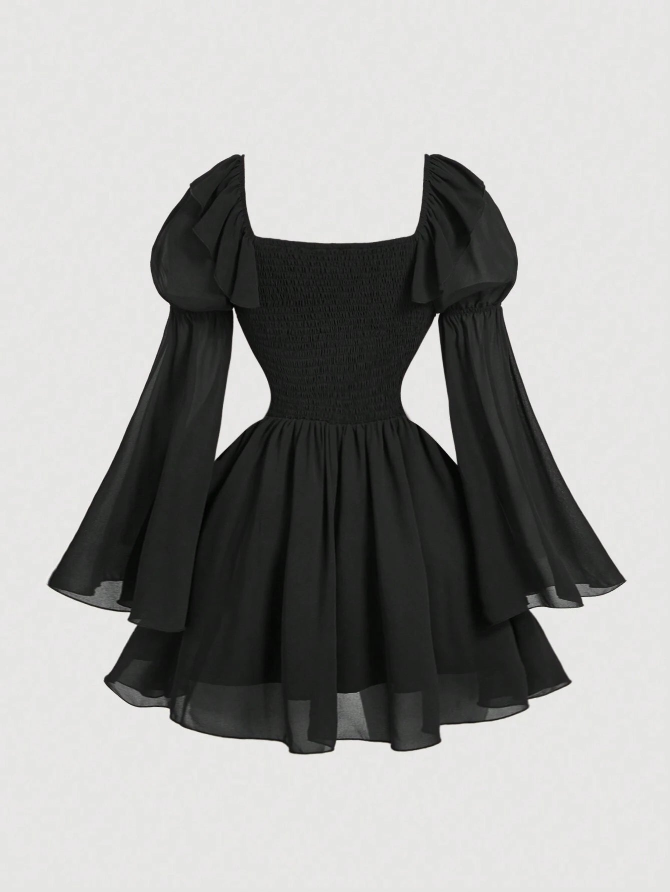MOD Black Chiffon Patchwork PU Waist Vintage Flare Sleeve A-Line Dress shein