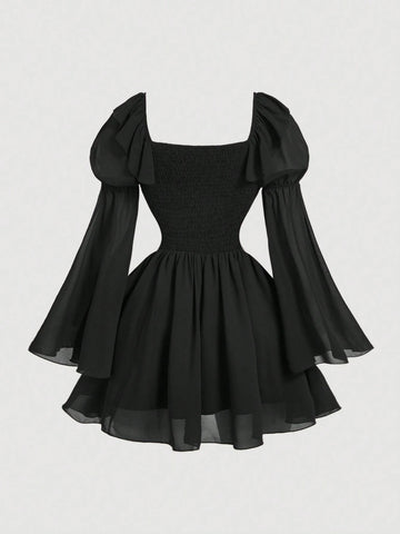 MOD Black Chiffon Patchwork PU Waist Vintage Flare Sleeve A-Line Dress