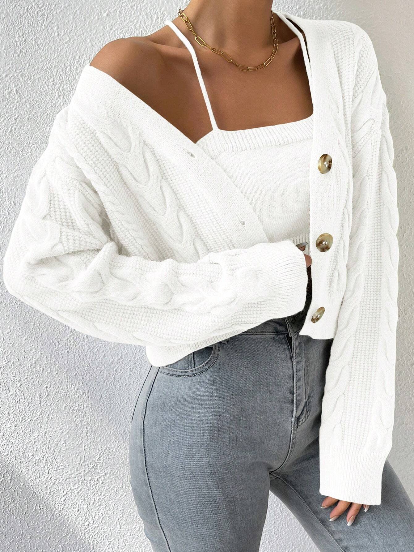 MOOSTA Drop Shoulder Cable Knit Cardigan & Crop Knit Top shein