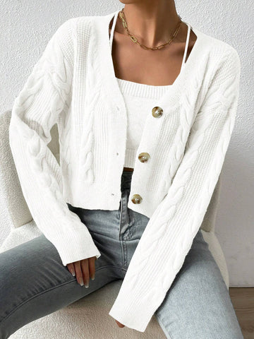 MOOSTA Drop Shoulder Cable Knit Cardigan & Crop Knit Top