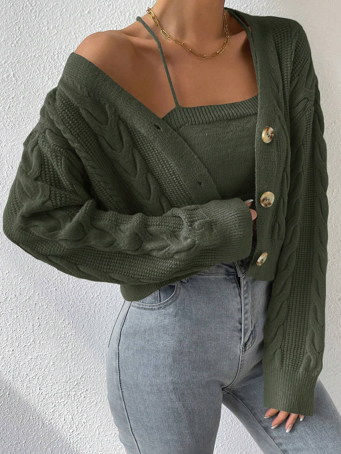 MOOSTA Drop Shoulder Cable Knit Cardigan & Crop Knit Top shein