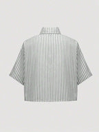 MOOSTA Striped Cropped Relaxed Casual Women Oversized Cuffed Sleeve Blouse shein