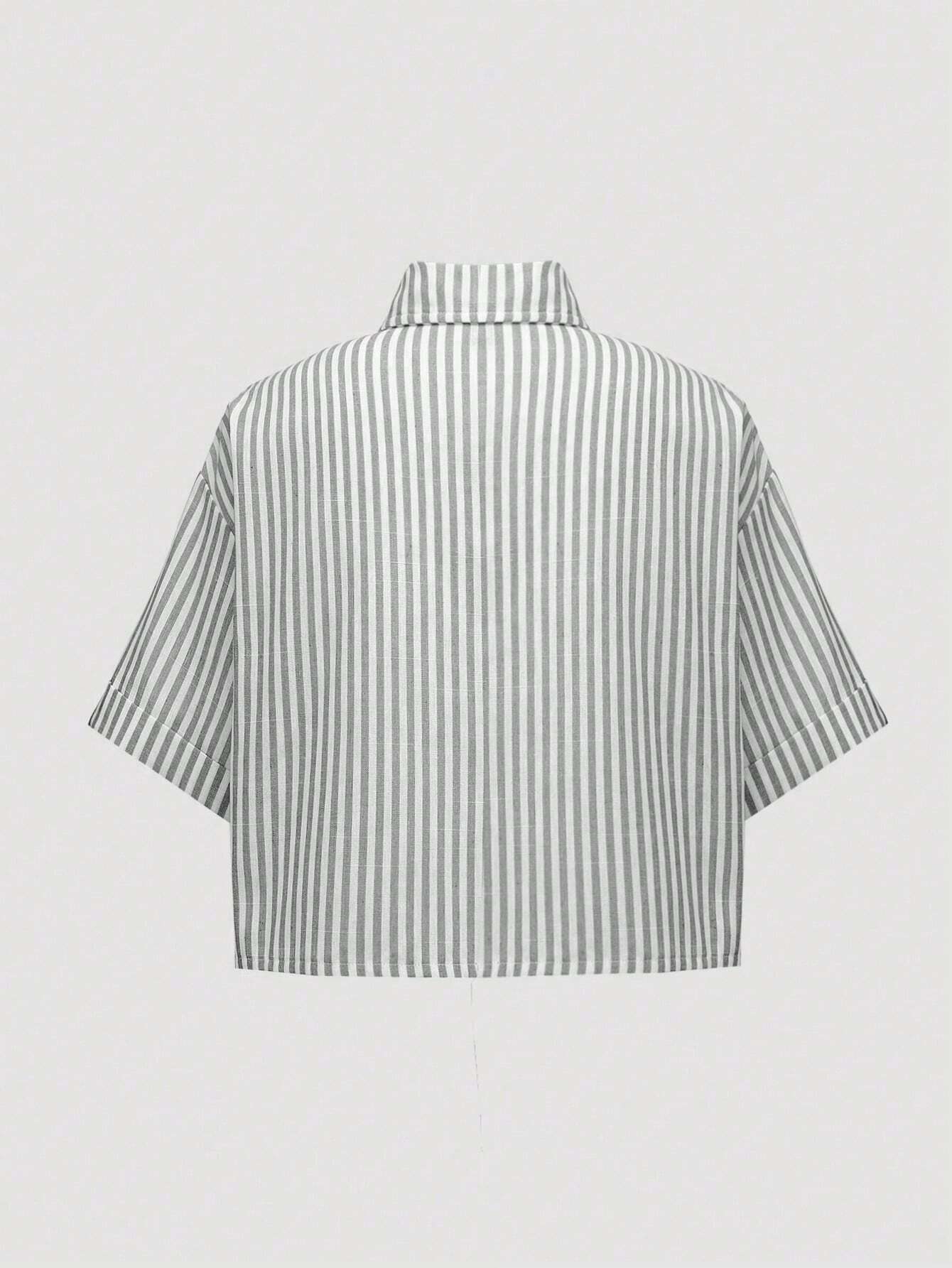 MOOSTA Striped Cropped Relaxed Casual Women Oversized Cuffed Sleeve Blouse shein