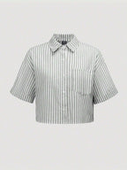MOOSTA Striped Cropped Relaxed Casual Women Oversized Cuffed Sleeve Blouse shein