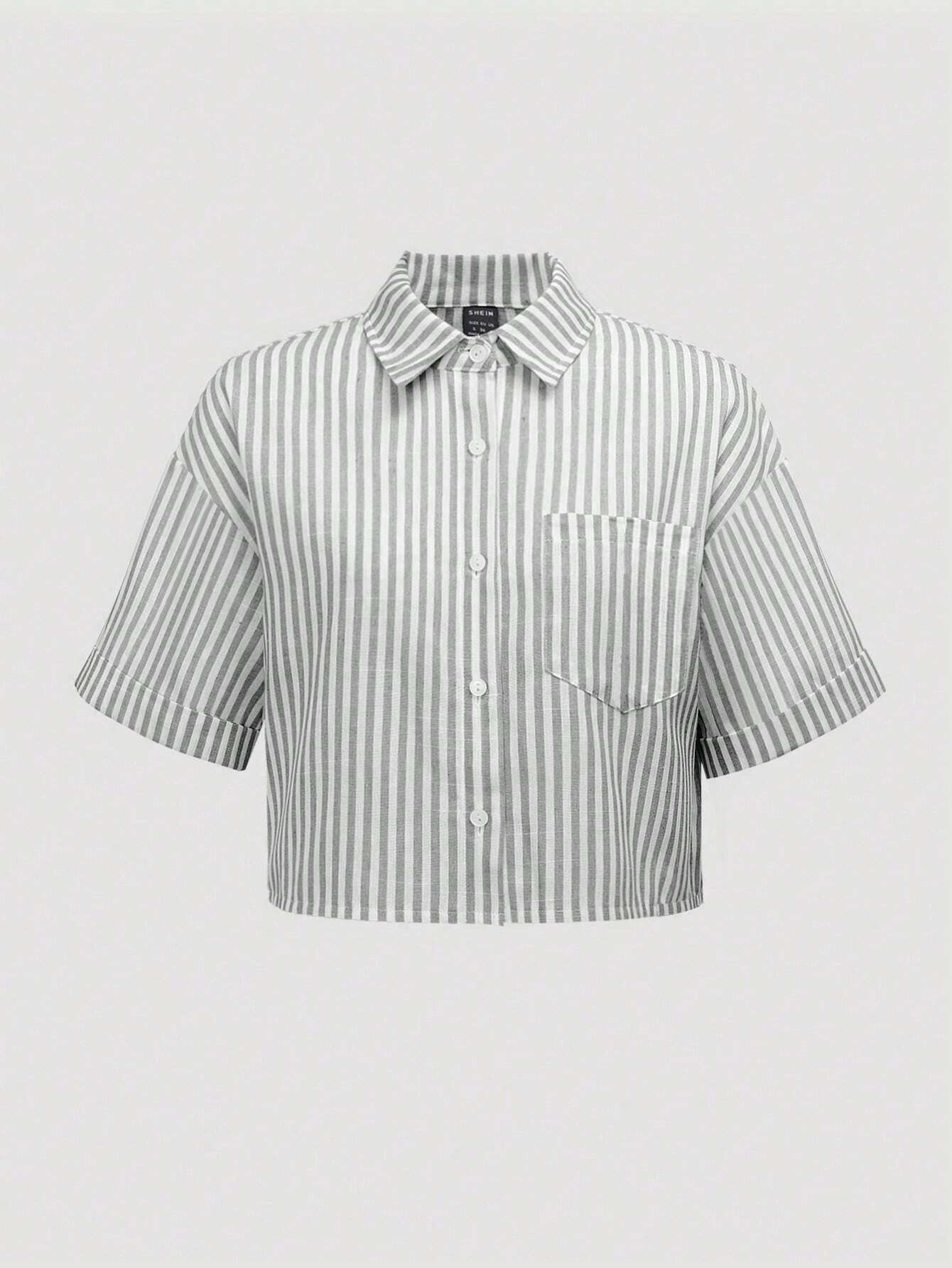 MOOSTA Striped Cropped Relaxed Casual Women Oversized Cuffed Sleeve Blouse shein