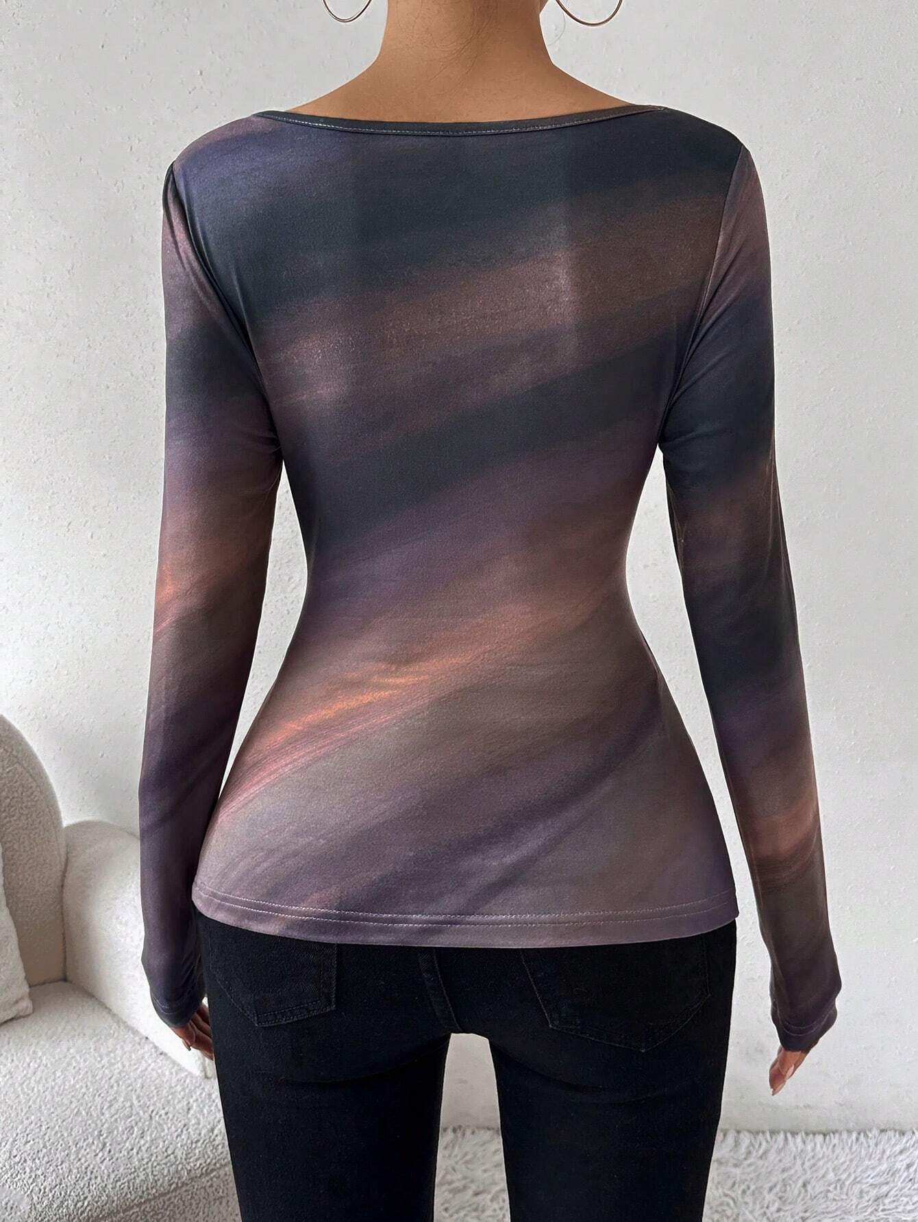 Privé 1pc Women Tie-Dye Floral Print V-Neck Slim Fit Knit Top shein