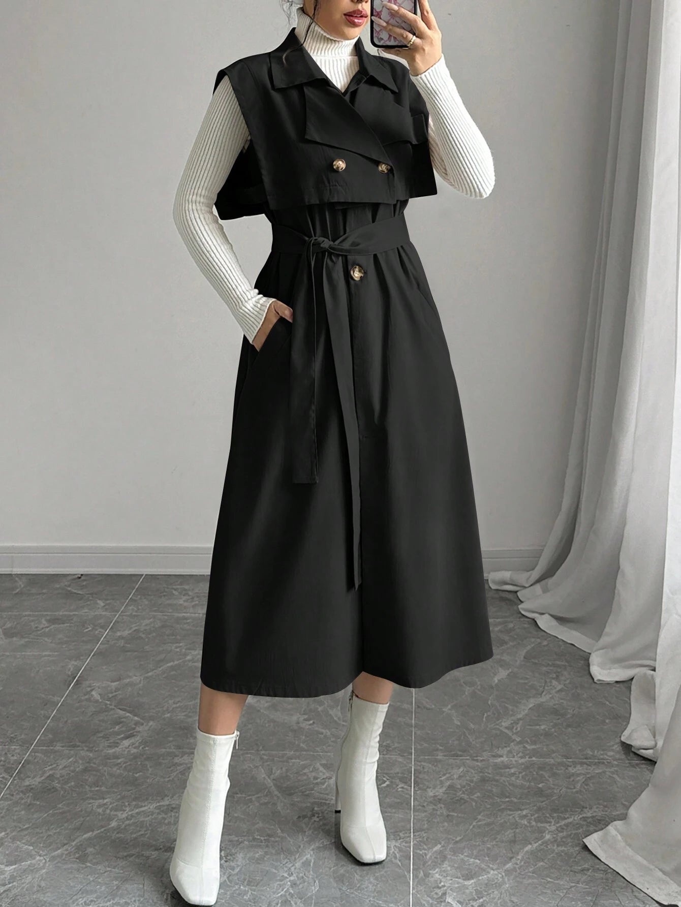 Essnce 2pcs Set: Detachable Double-Breasted Sleeveless Short Windbreaker Jacket + Front Button Pockets Sleeveless Windbreaker Jacket shein